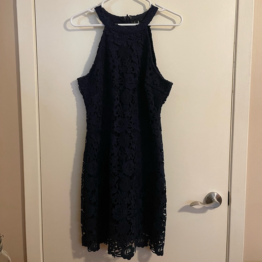 Lulu’s Navy Floral Embroidered Overlay Dress